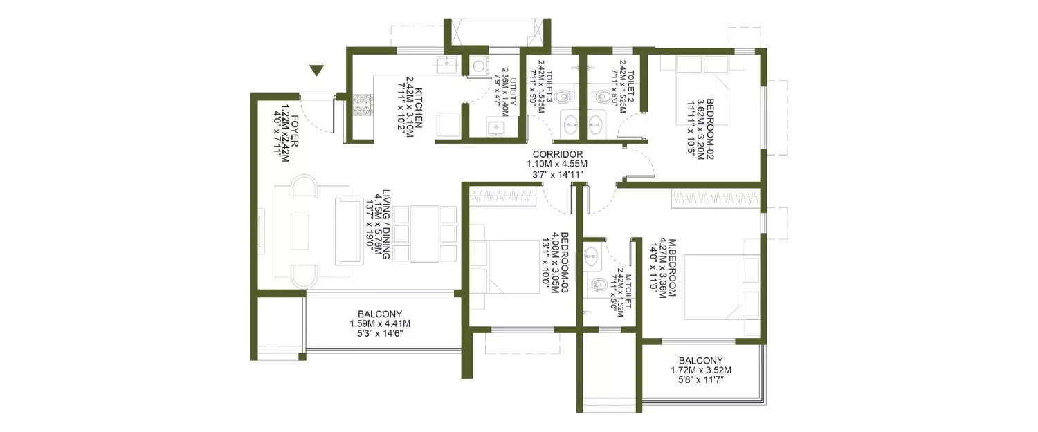 Floor plan for 3 BHK