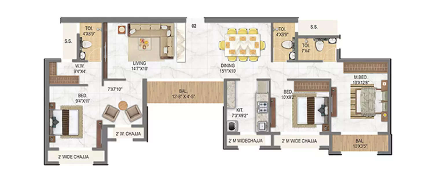 Floor plan for 3 BHK