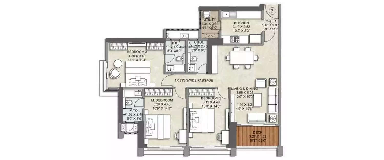 Floor plan for 3 BHK