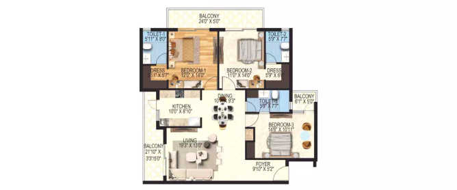 ORO Constella Sushant Golf City - Floor plan 3 BHK 1261 Sq.ft