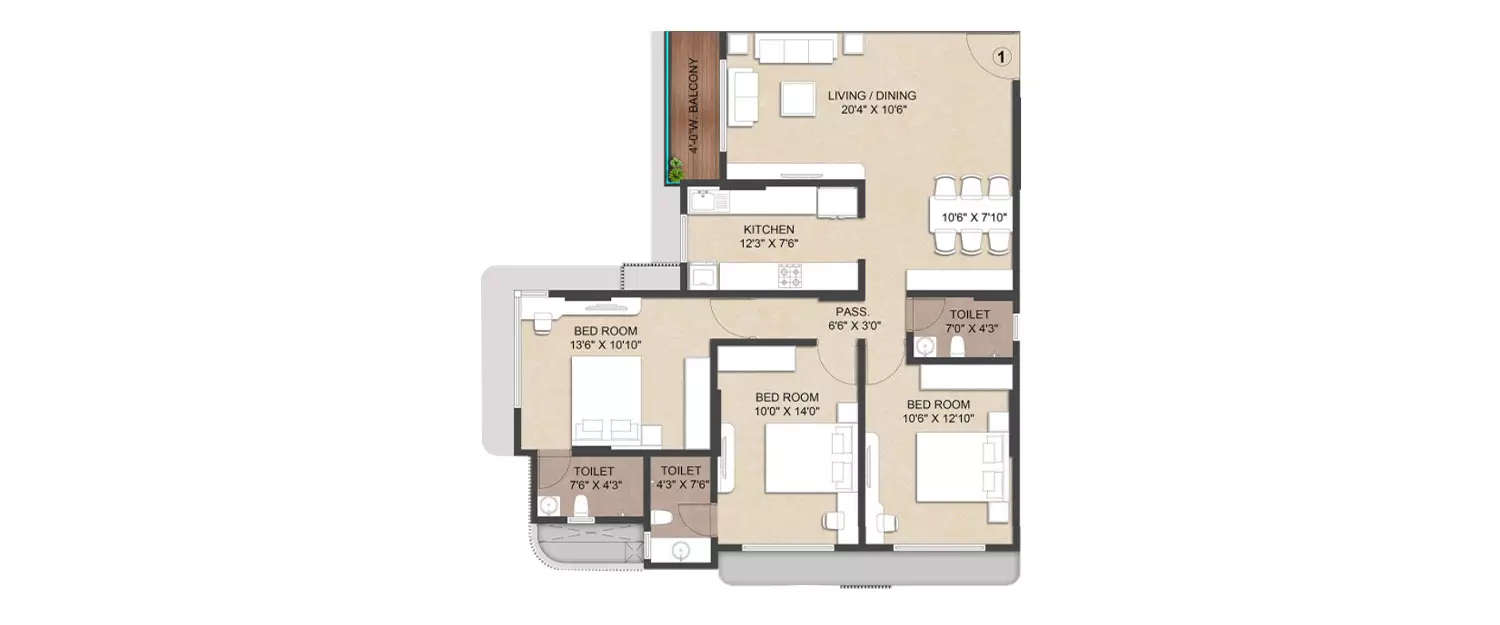 Floor plan for 3 BHK