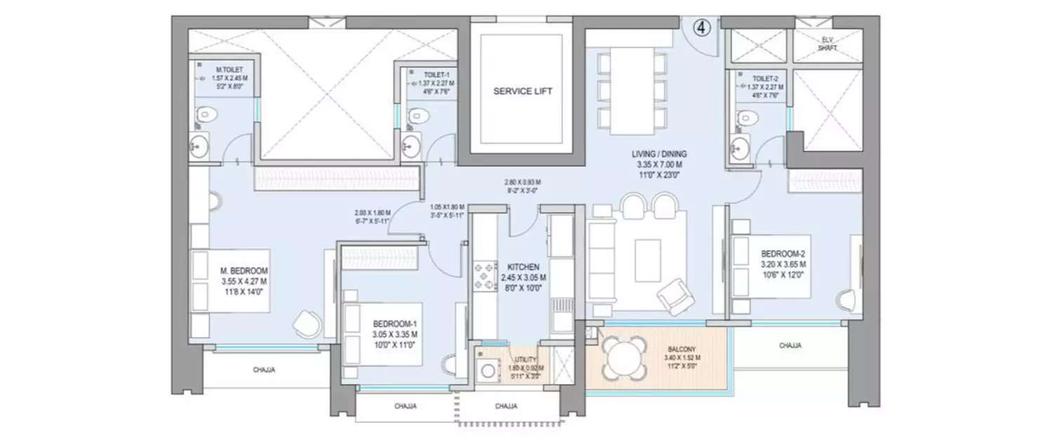 Floor plan for 3 BHK