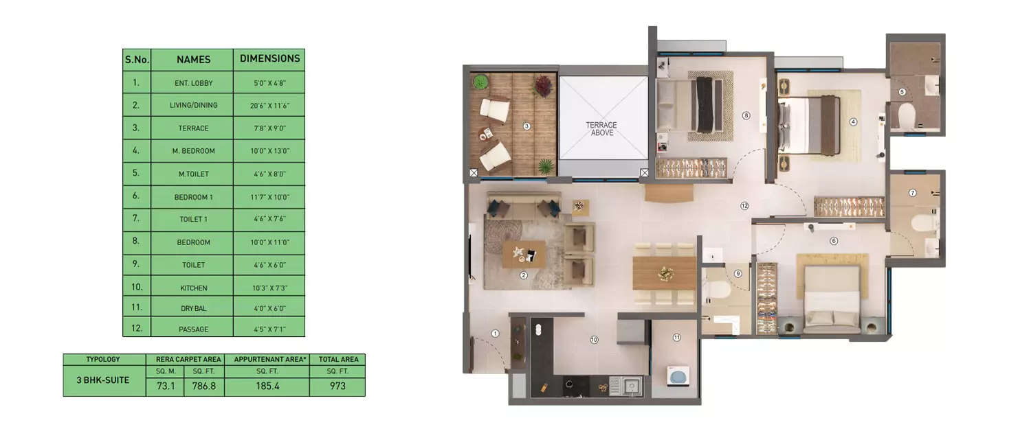 Floor plan for 3 BHK