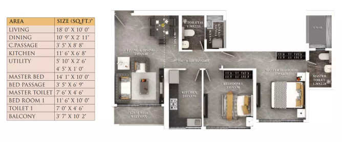 Dosti Eastern Bay Wadala - Floor plan 2 BHK 766 Sq.ft