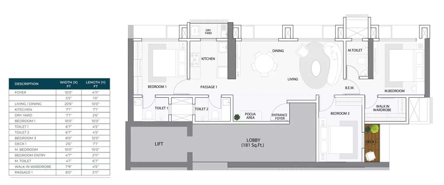Floor plan for 3 BHK