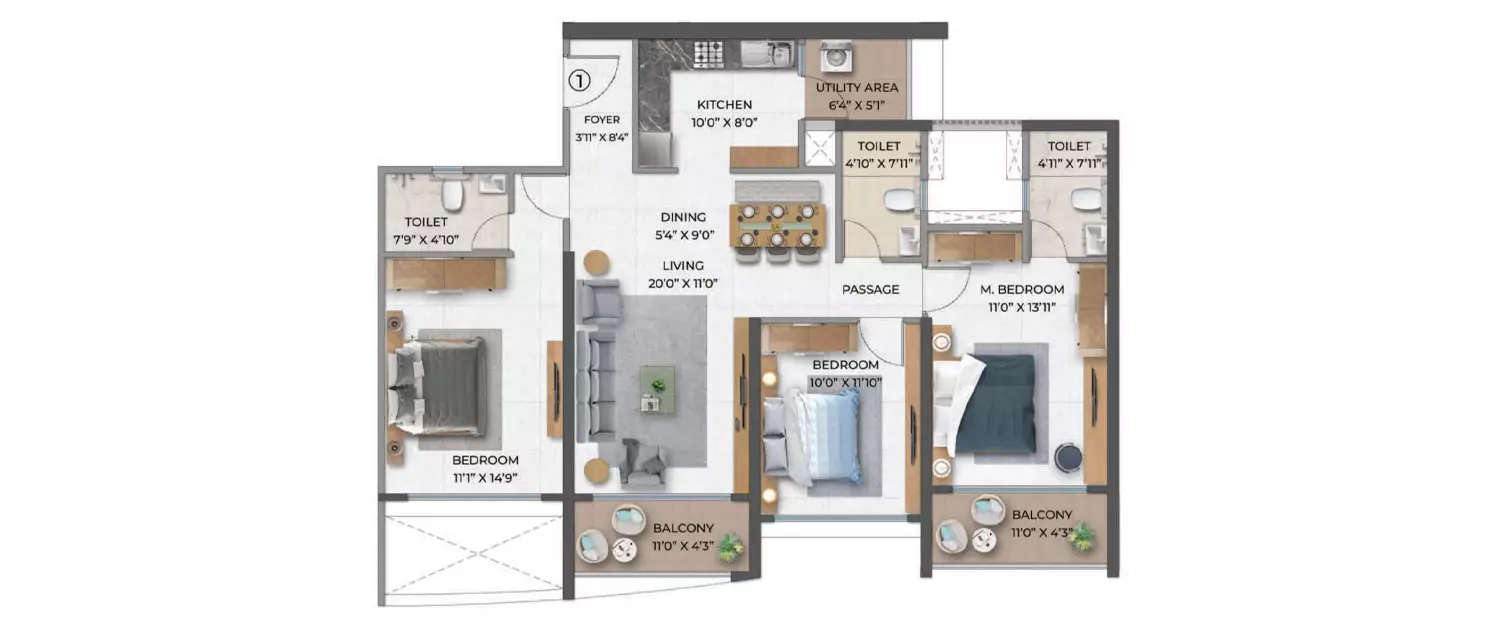Floor plan for 3 BHK