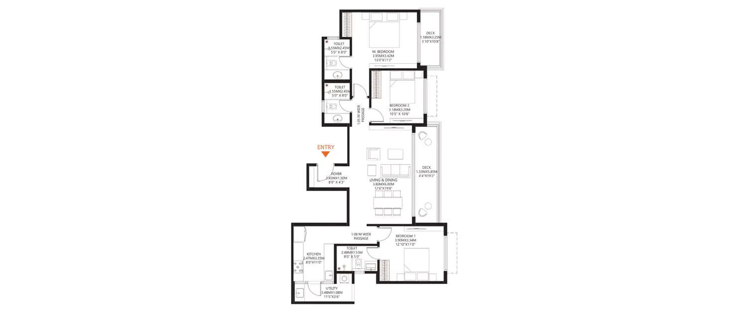 Floor plan for 3 BHK