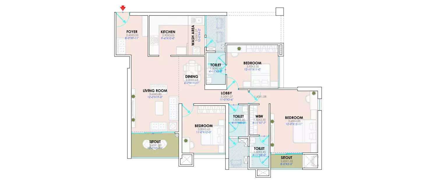 Floor plan for 3 BHK