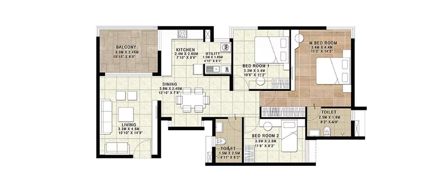 Floor plan for 3 BHK