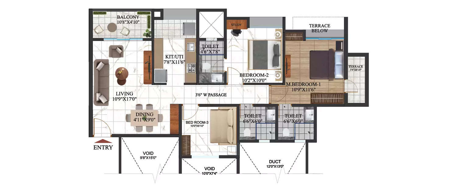 Floor plan for 3 BHK