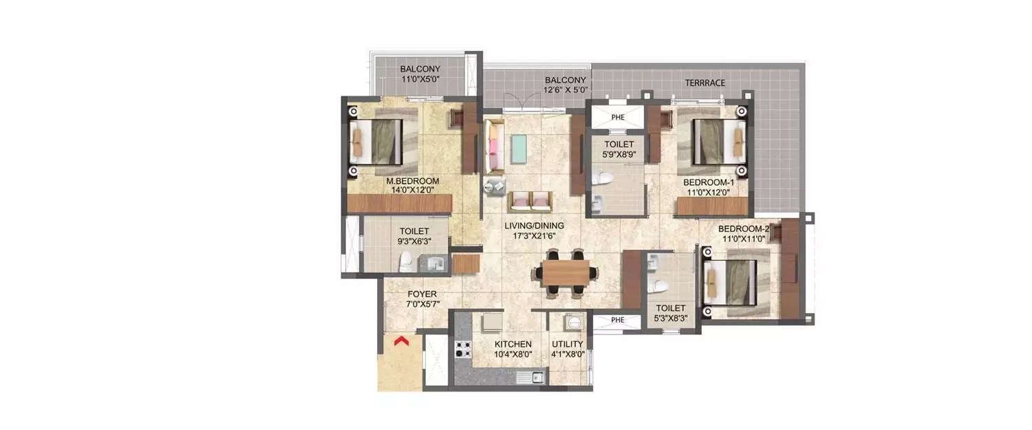 Floor plan for 3 BHK