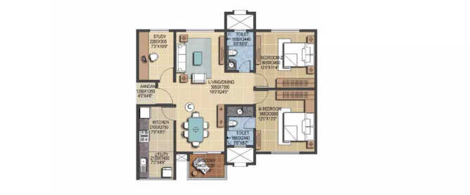 Prestige Ferns Residency Haralur - Floor plan 2.5 BHK 1290 Sq.ft