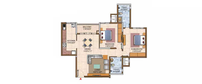 Prestige Royale Gardens Yelahanka - Floor plan 2 BHK 1304 Sq.ft