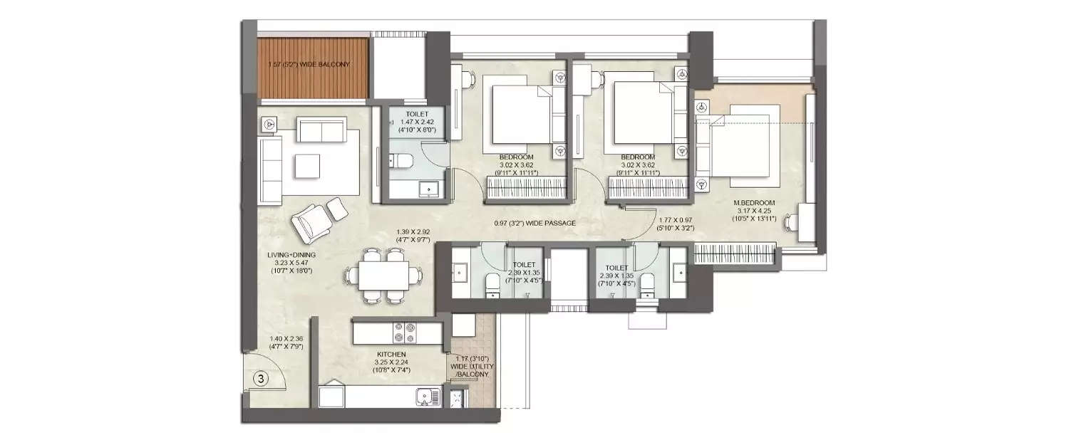 Floor plan for 3 BHK