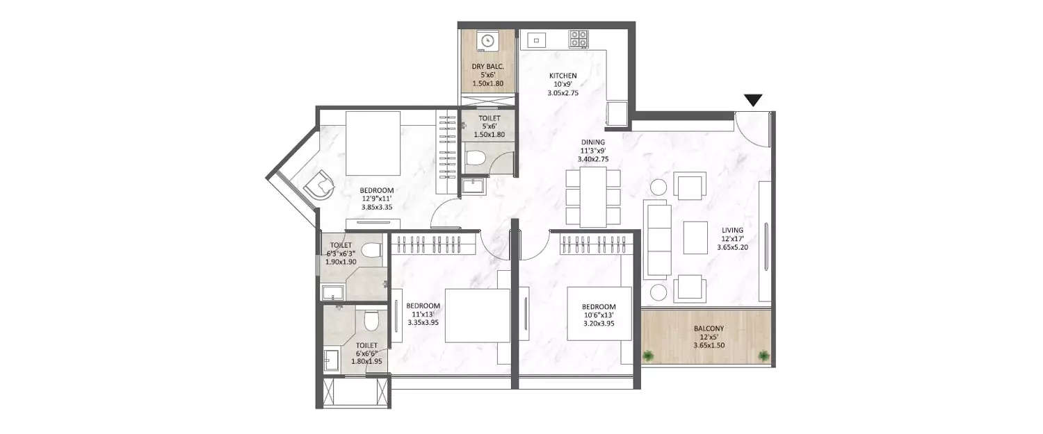Floor plan for 3 BHK