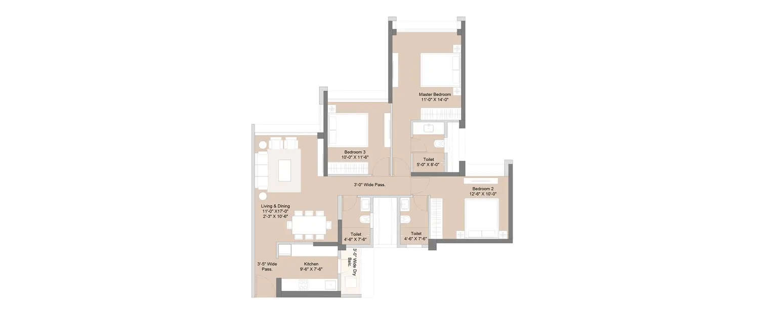 Floor plan for 3 BHK