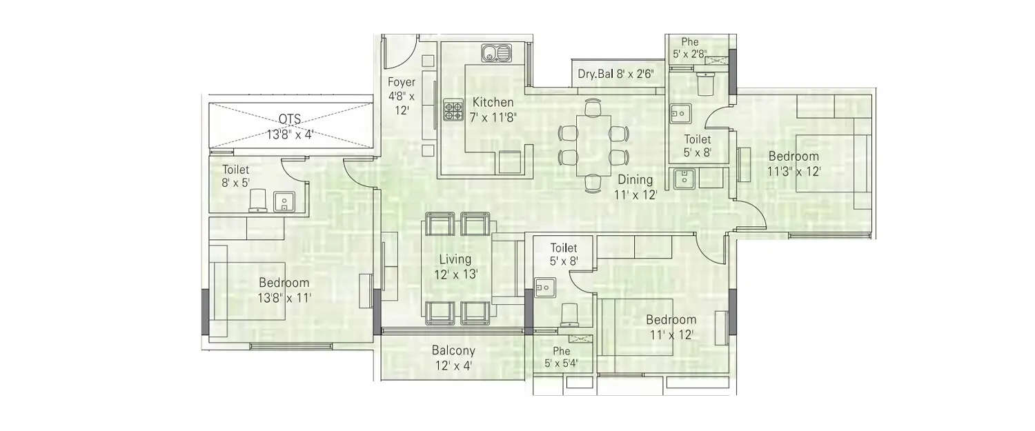 Floor plan for 3 BHK