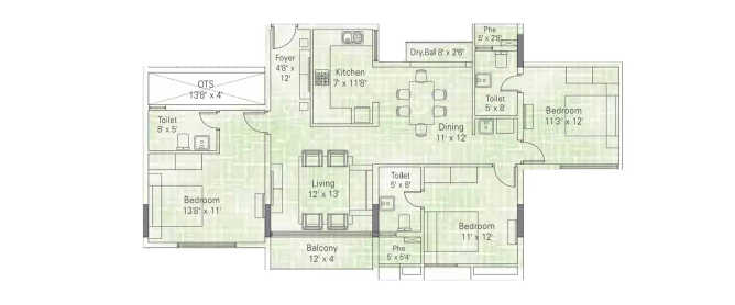 Appaswamy Platina Porur - Floor plan 3 BHK 1584 Sq.ft