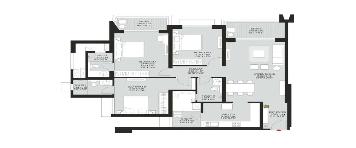Floor plan for 3 BHK