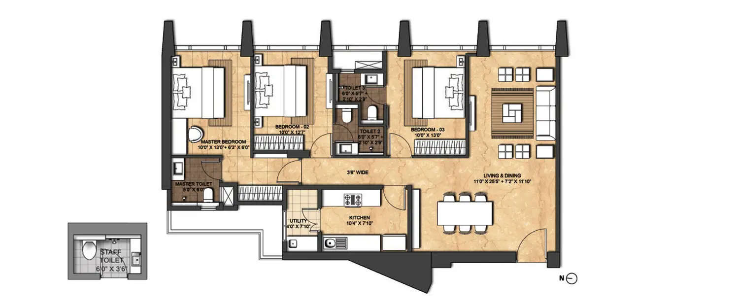 Floor plan for 3 BHK