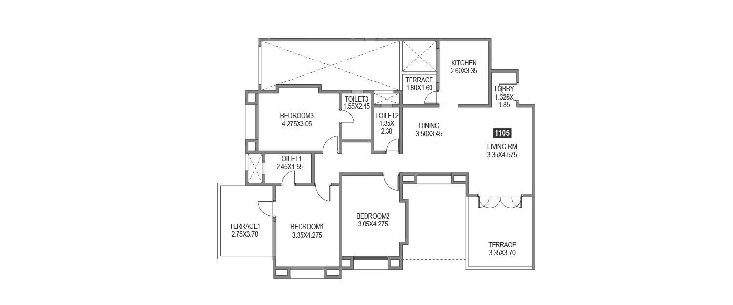 Floor plan for 3 BHK