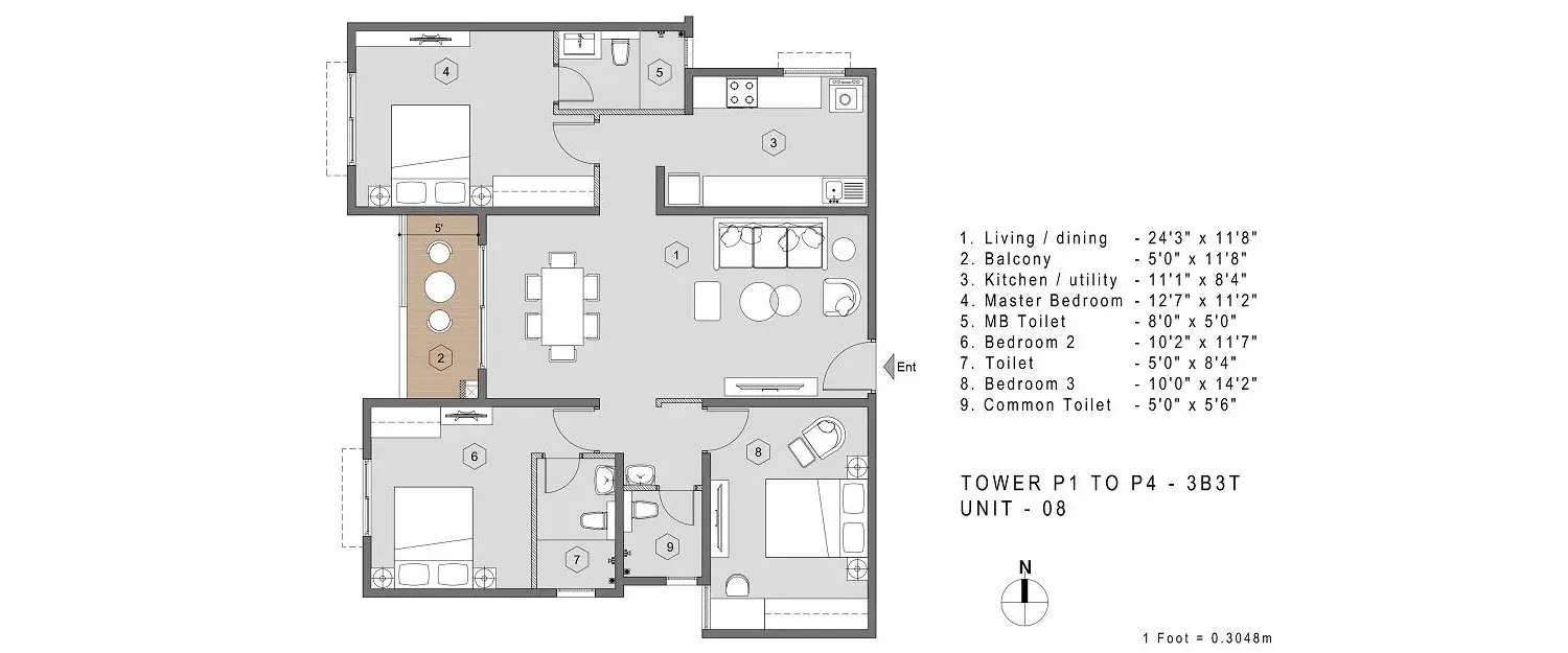 Floor plan for 3 BHK