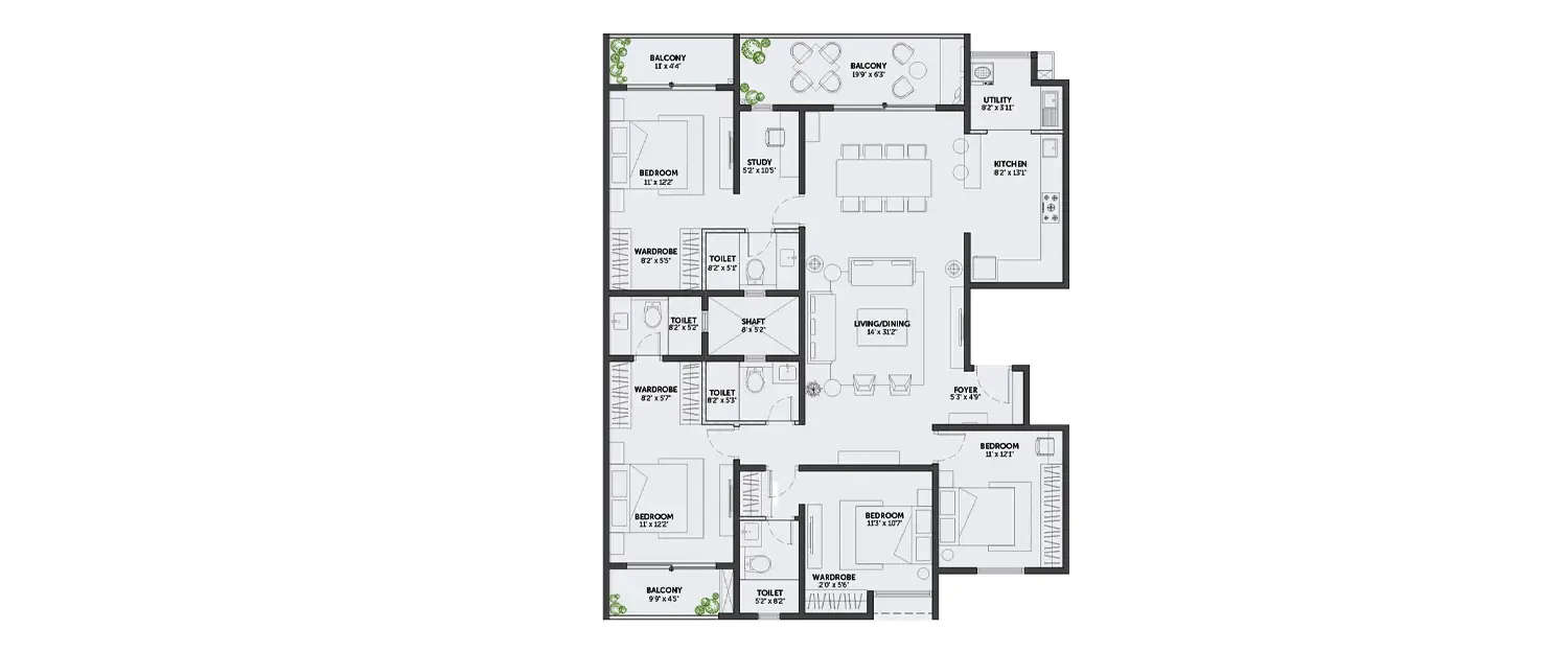 Floor plan for 4 BHK