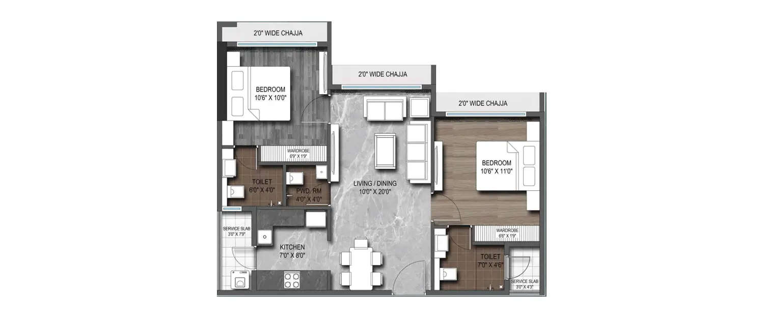 Floor plan for 2 BHK