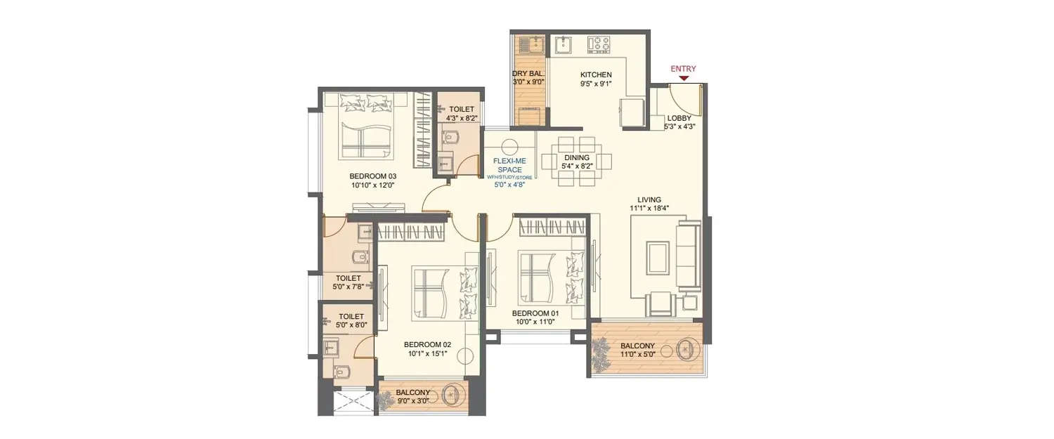 Floor plan for 3 BHK