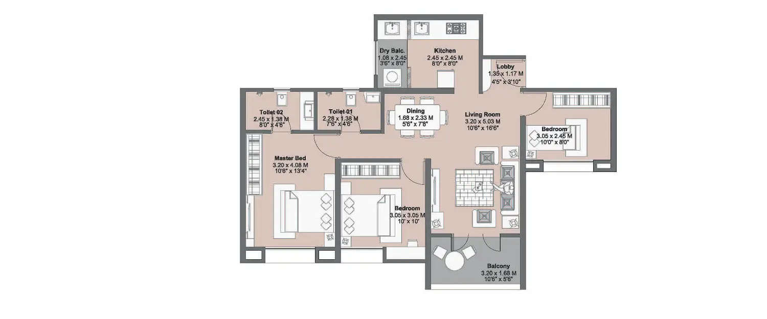 Floor plan for 3 BHK