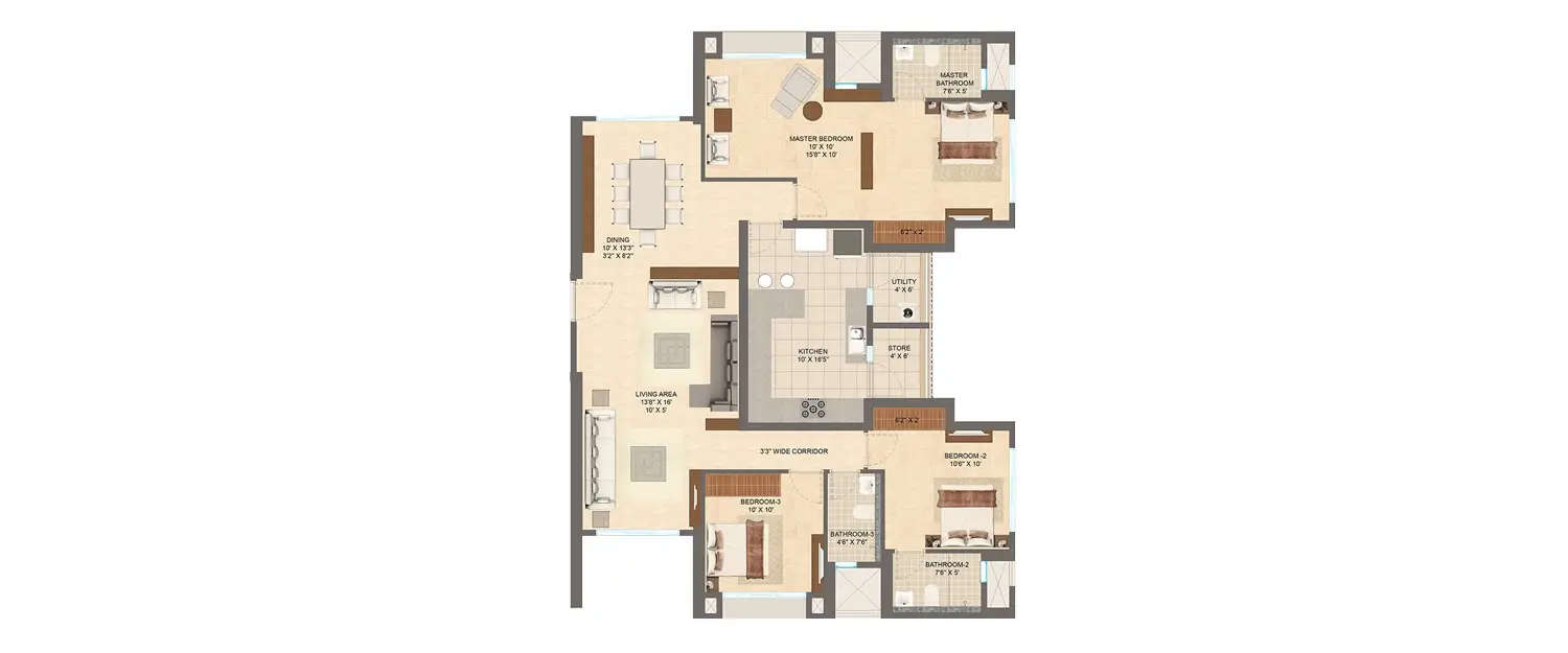 Floor plan for 3 BHK