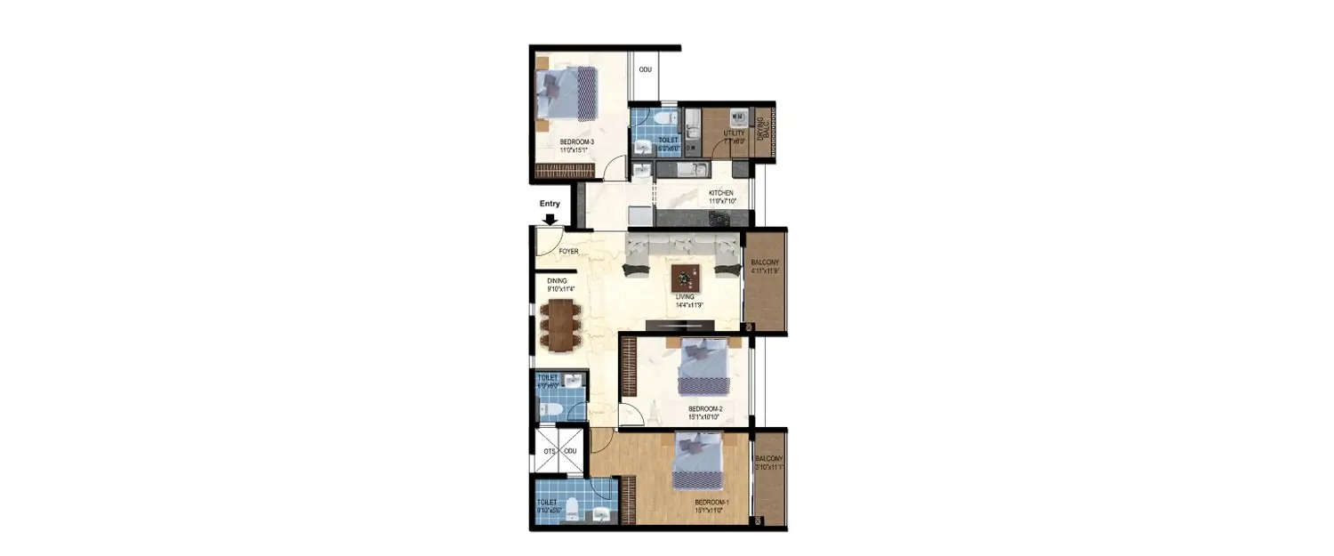 Floor plan for 3 BHK