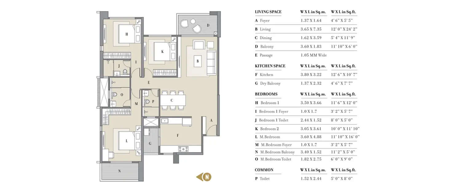 Floor plan for 3 BHK
