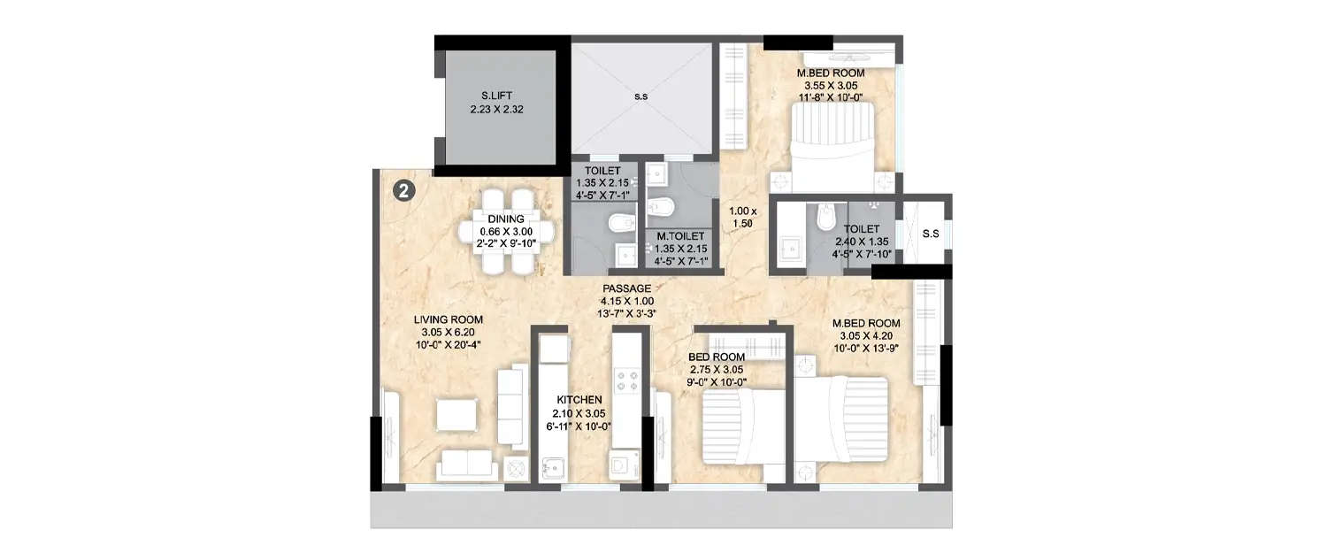 Floor plan for 3 BHK