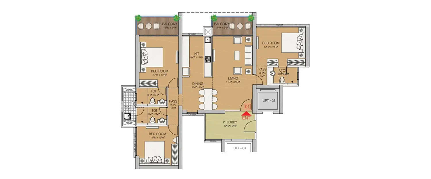 Floor plan for 3 BHK