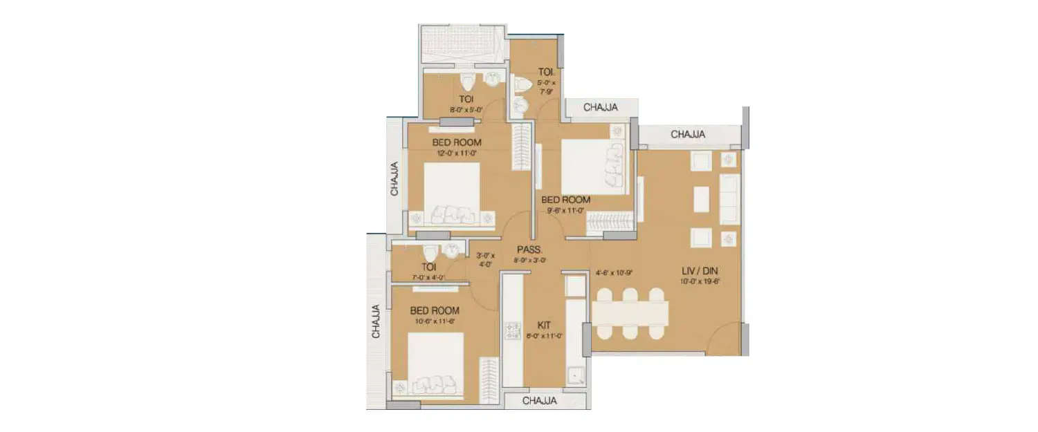 Floor plan for 3 BHK