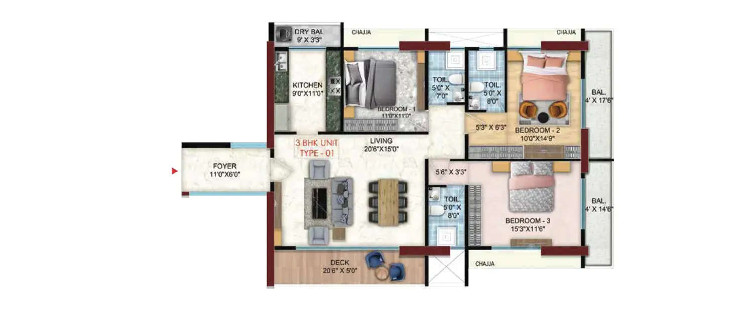 Floor plan for 3 BHK