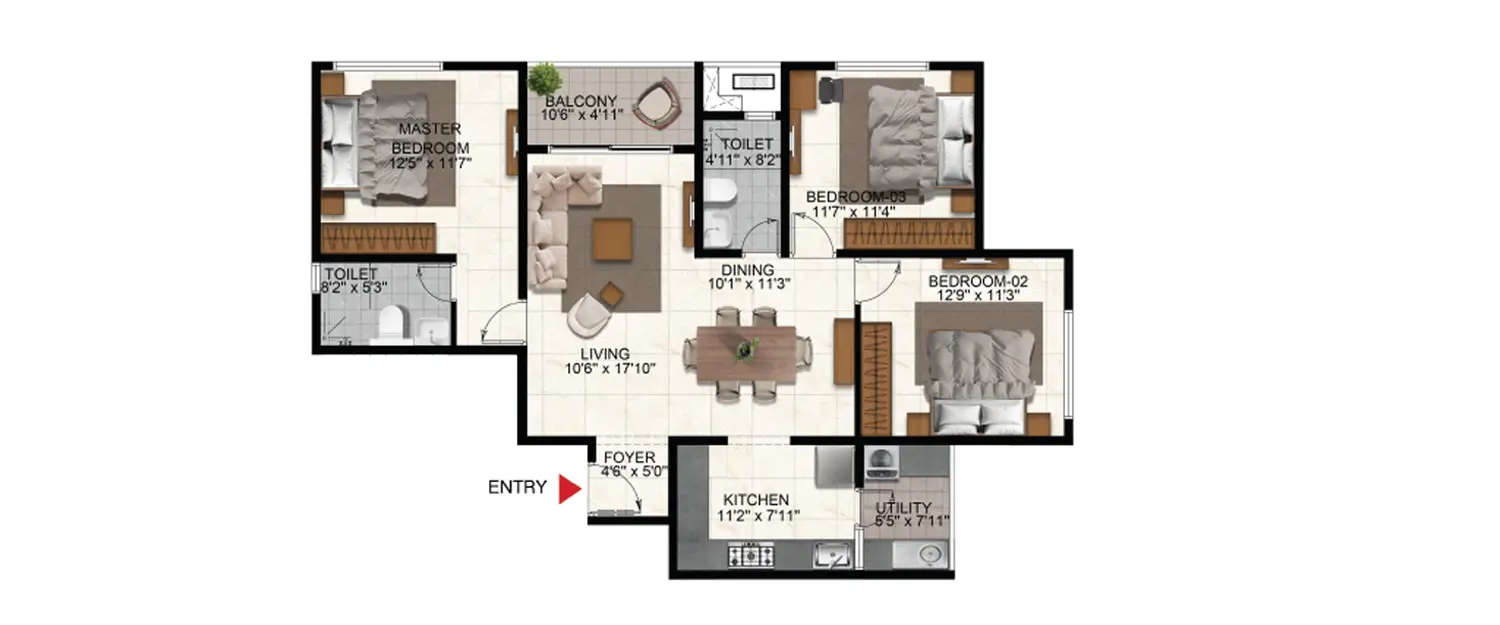 Floor plan for 3 BHK
