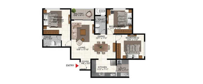 Shriram Songs Of The Earth Madiwala - Floor plan 3 BHK 1550 Sq.ft