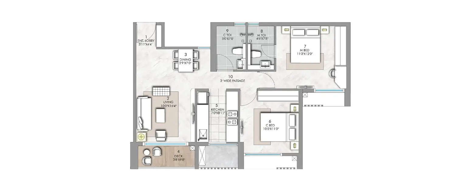 Floor plan for 2 BHK
