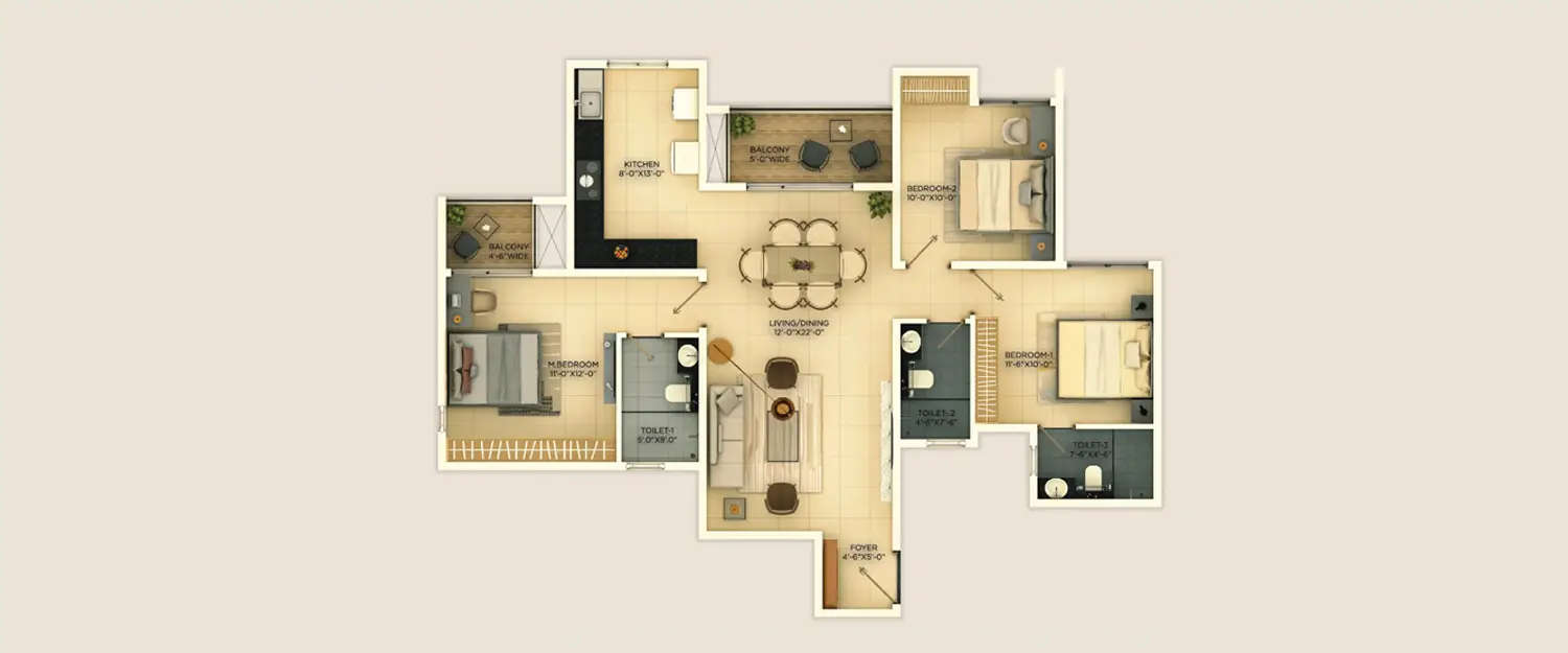 Floor plan for 3 BHK