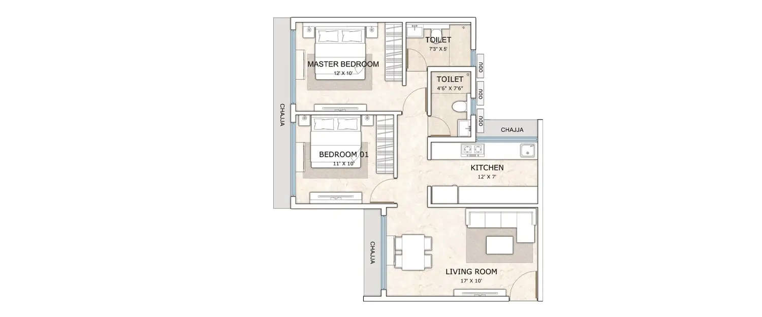 Floor plan for 2 BHK