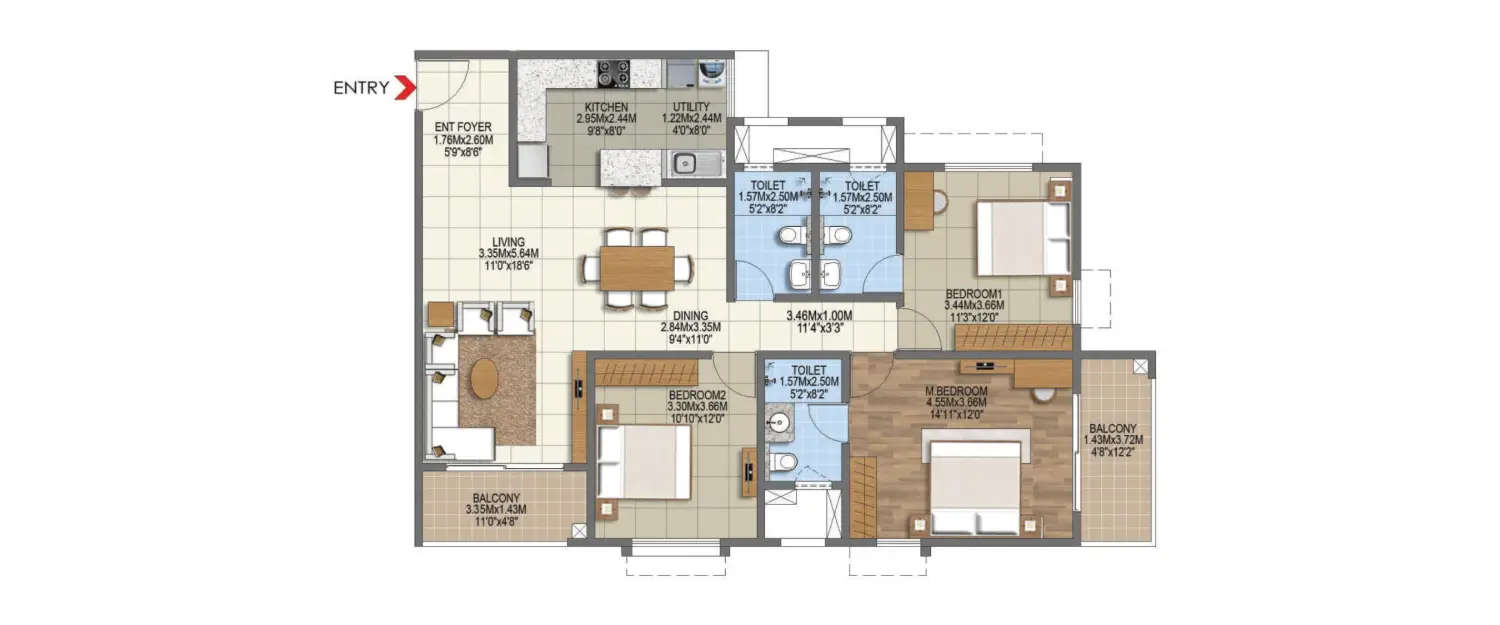 Floor plan for 3 BHK
