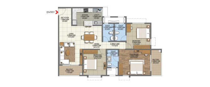 Brigade Komarla Heights Uttarahalli - Floor plan 3 BHK 1138 Sq.ft