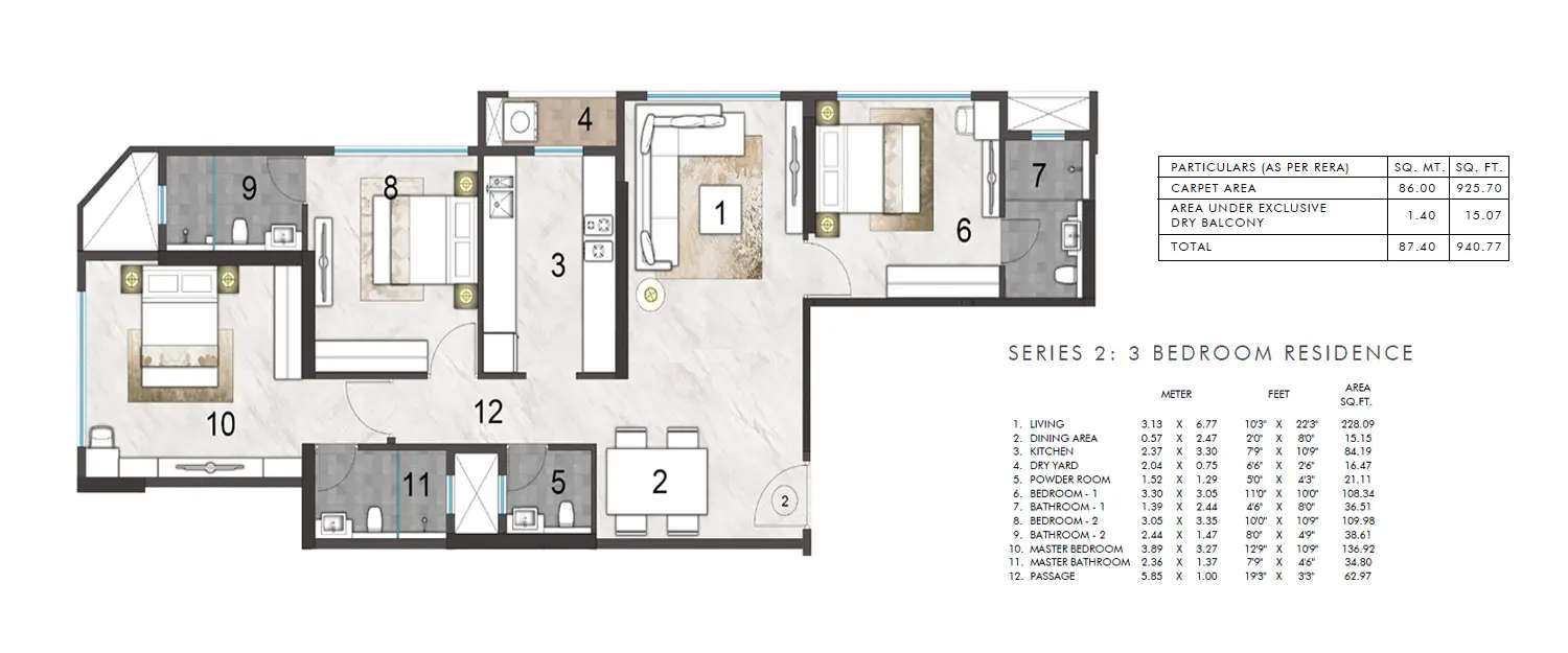 Floor plan for 3 BHK