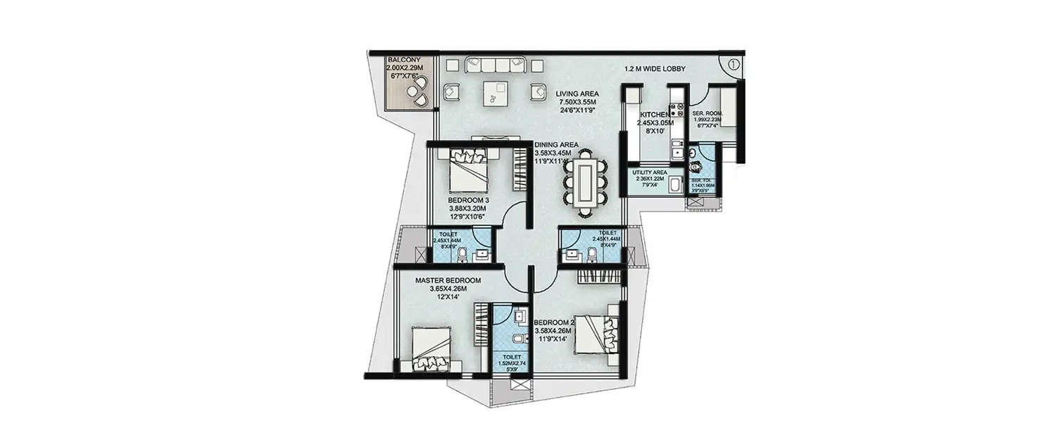 Floor plan for 3 BHK