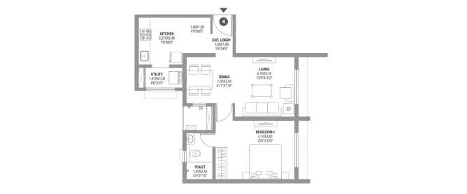 Raheja Sterling Mohammed Wadi - Floor plan 1 BHK 506 Sq.ft