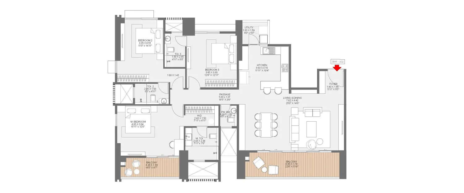Floor plan for 3 BHK