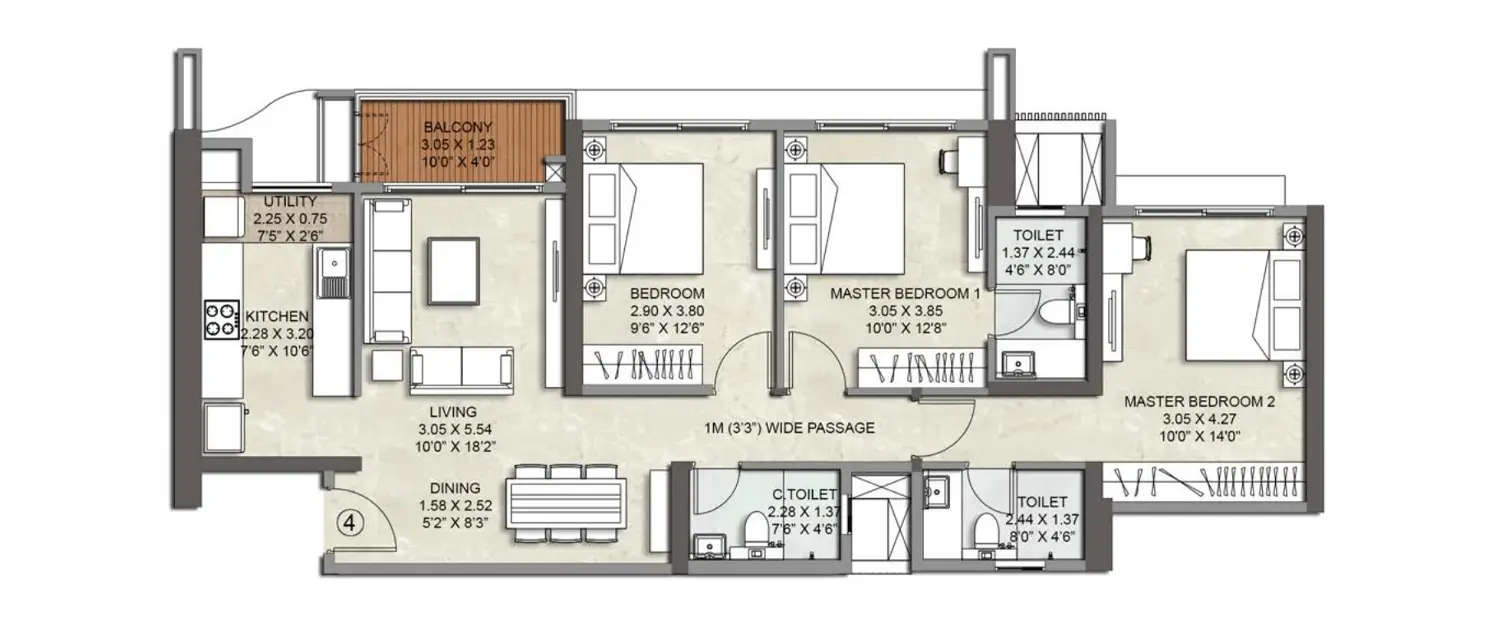 Floor plan for 3 BHK