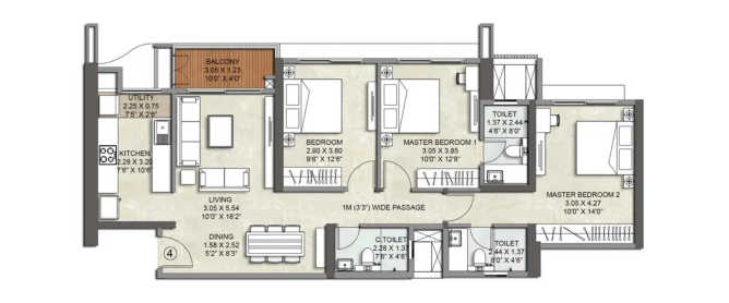 Srishti Namaah Mira Bhayandar - Floor plan 3 BHK 979 Sq.ft